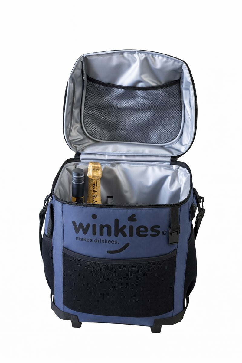 Lid with build in mesh pockets, bottle opener on stretch cord, front and 2 side mesh pockets - never forget a thing.