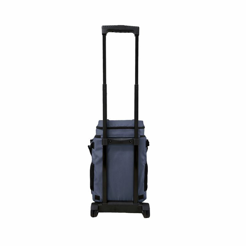 Rear vierw of Blue Trolley Cooler shopwing handle extended and wide wheel base on a white background.