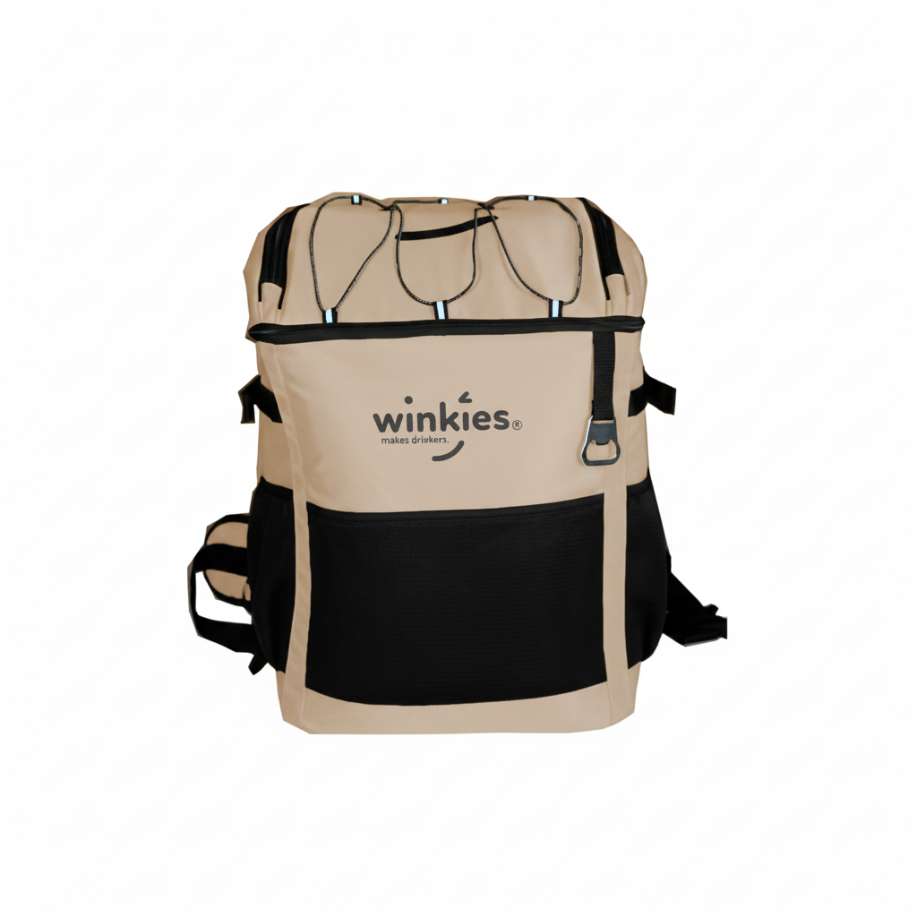 Beige and black backpack with 'winkies' logo on a white background